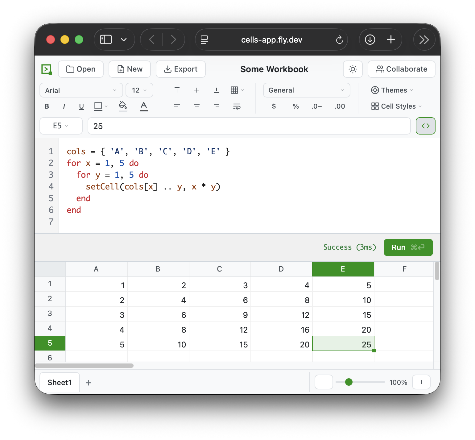 Cells web UI with Luau scripting panel filling a multiplication table